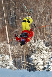 Big air off the second jump in the mogul run on competition day